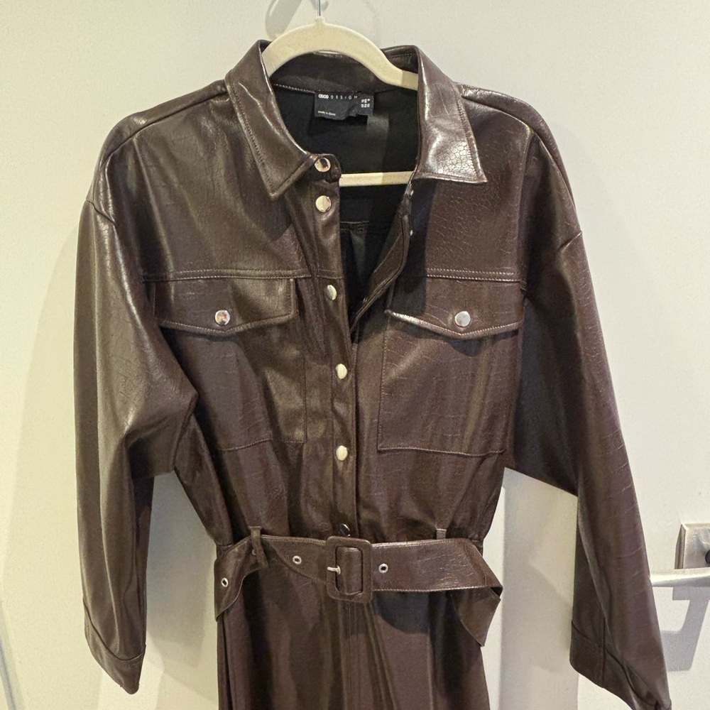 Brown Faux Leather Belted Dress